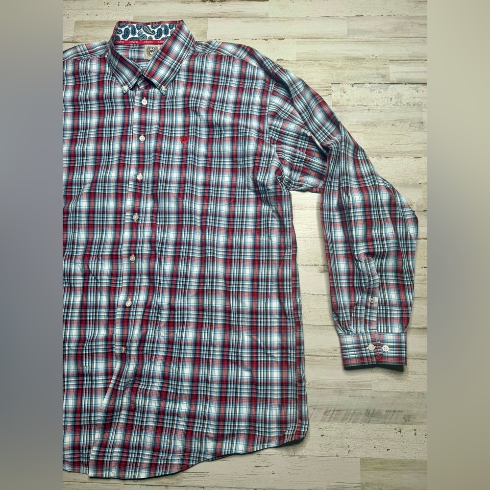 CINCH Shirt Adult 2XL Plaid Western Cowboy Rodeo Cotton Mens Red - Picture 2 of 9